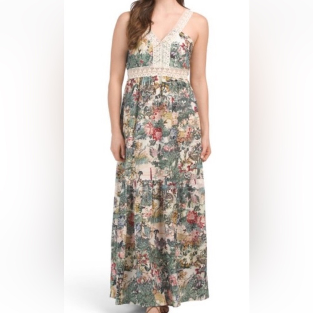 Saiph Floral Lace Trim‎ Tiered Maxi Dress Women's L Linen Cotton Blend NWT